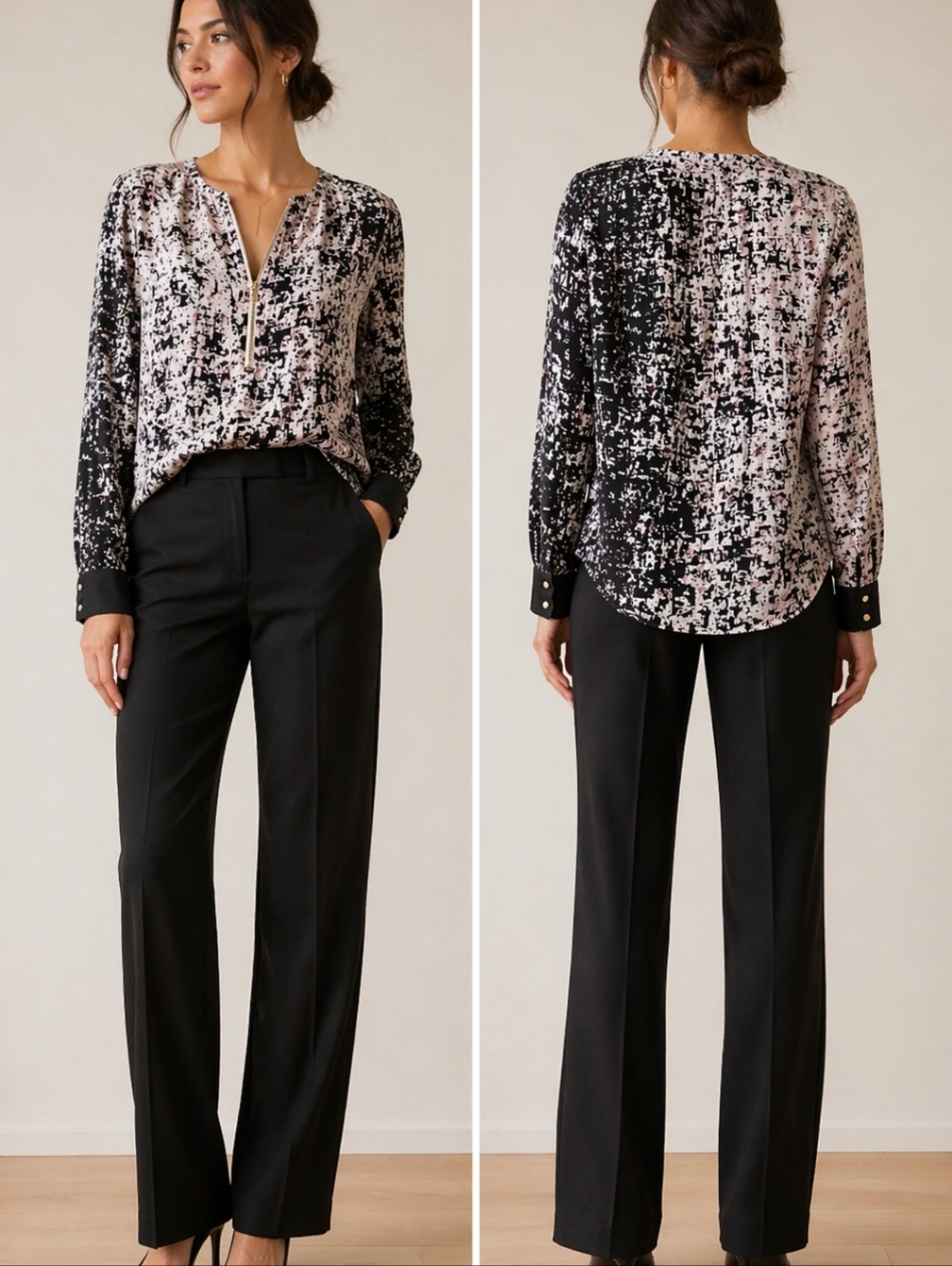 Vince Camuto Abstract Print Zip Blouse XS Black White Work Top Chic